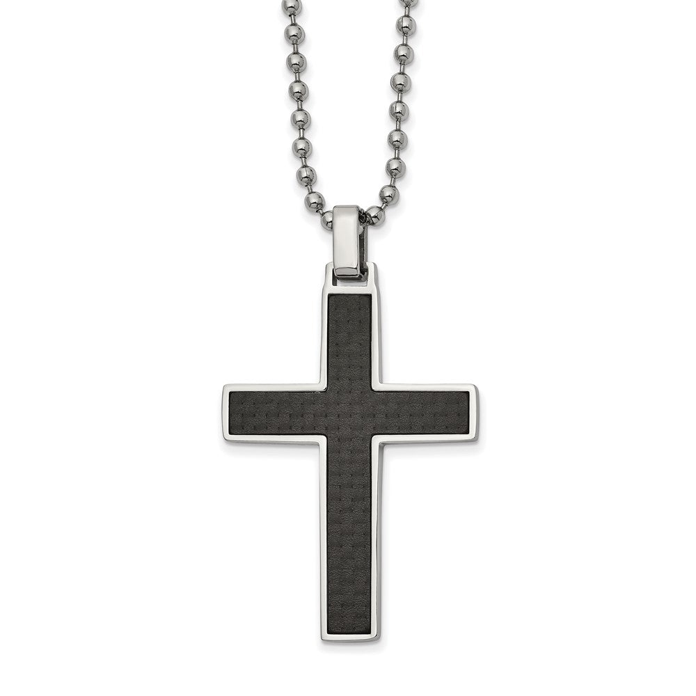 Stainless Steel Polished w/Carbon Fiber & Wood Inlay Reversible Necklace