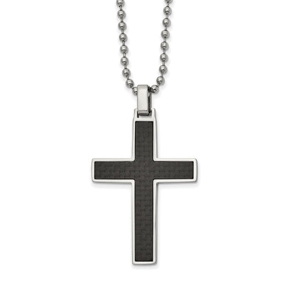 Stainless Steel Polished w/Carbon Fiber & Wood Inlay Reversible Necklace