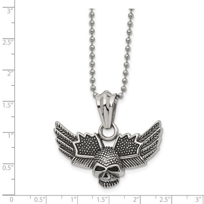 Chisel Stainless Steel Antiqued and Polished Skull with Wings Pendant on a 22 inch Ball Chain Necklace