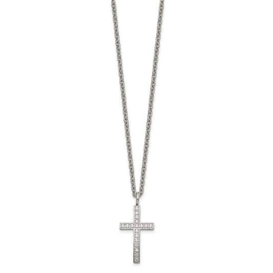Chisel Stainless Steel Polished CZ Cross Pendant on a 20 inch Cable Chain Necklace