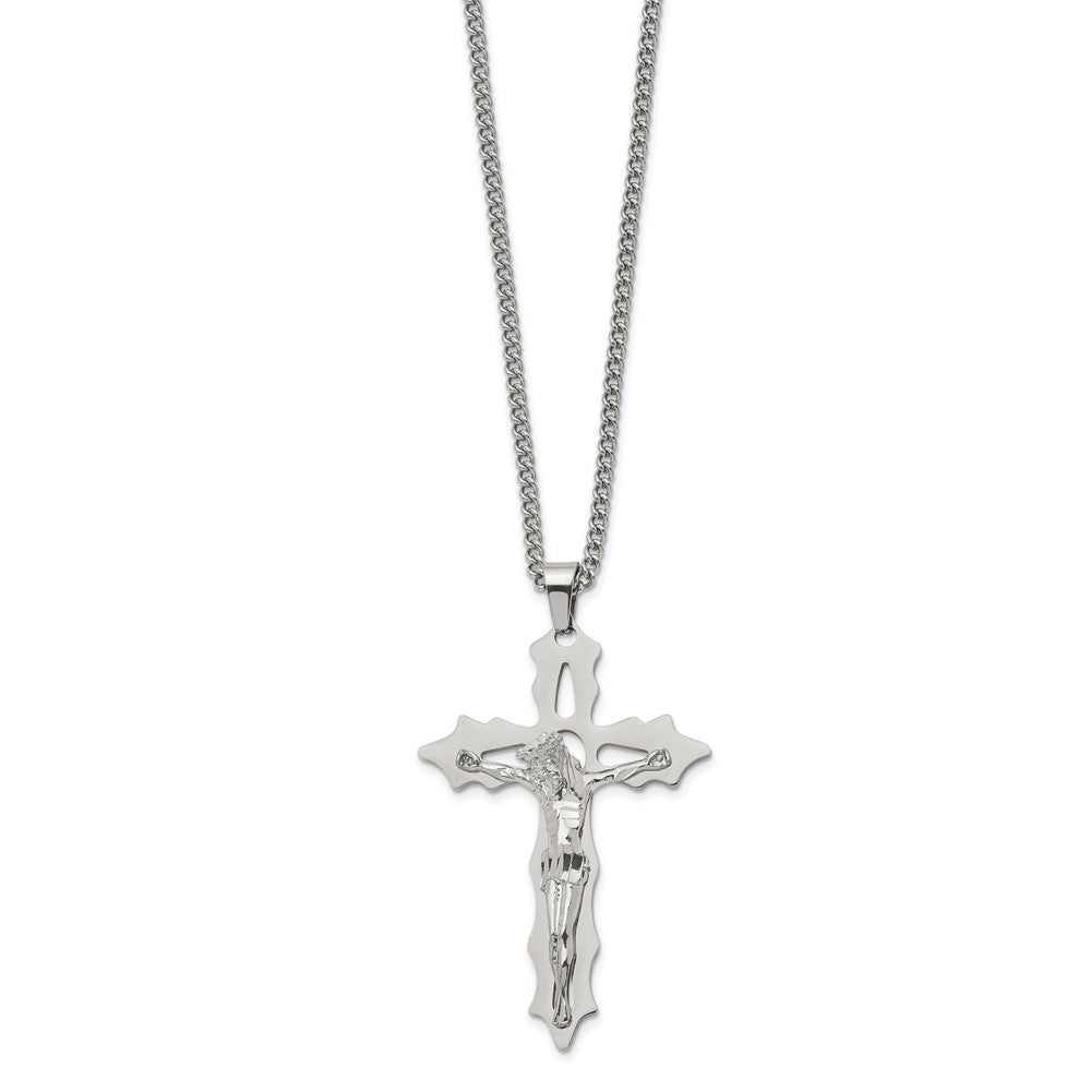 Chisel Stainless Steel Polished Cutout Crucifix Pendant on a 24 inch Curb Chain Necklace