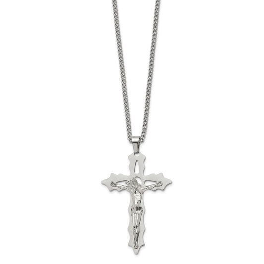 Chisel Stainless Steel Polished Cutout Crucifix Pendant on a 24 inch Curb Chain Necklace