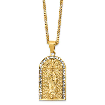 Chisel Stainless Steel Polished Yellow IP-plated with Crystal Blessed Mary Pendant on a 24 inch Curb Chain Necklace