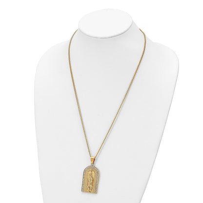 Chisel Stainless Steel Polished Yellow IP-plated with Crystal Blessed Mary Pendant on a 24 inch Curb Chain Necklace