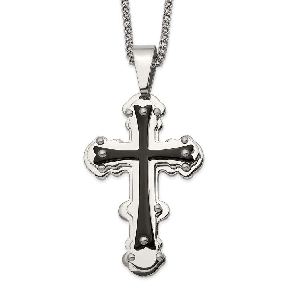 Chisel Stainless Steel Polished Black IP-plated Cross Pendant on a 24 inch Curb Chain Necklace