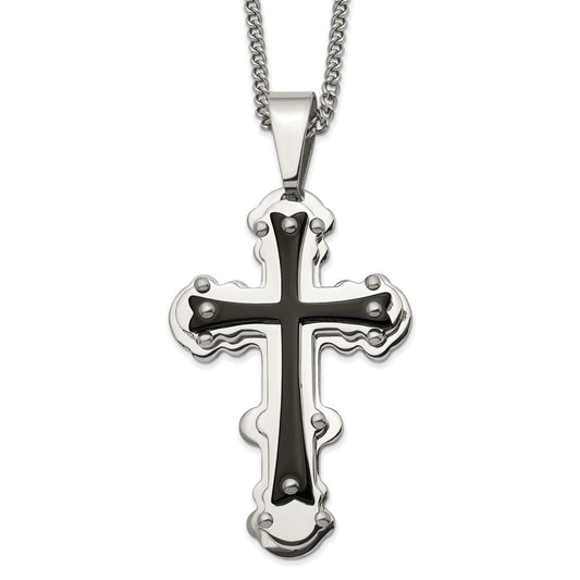 Chisel Stainless Steel Polished Black IP-plated Cross Pendant on a 24 inch Curb Chain Necklace