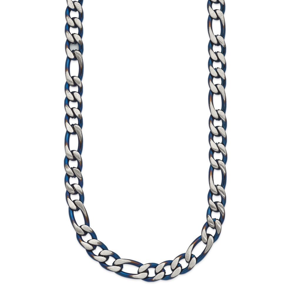 Chisel Stainless Steel Brushed and Polished Blue IP-plated 7.5mm 30 inch Figaro Chain Necklace
