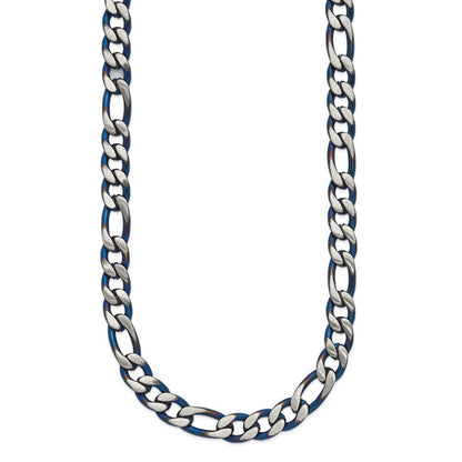 Chisel Stainless Steel Brushed and Polished Blue IP-plated 7.5mm 30 inch Figaro Chain Necklace