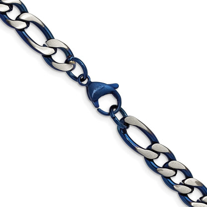 Chisel Stainless Steel Brushed and Polished Blue IP-plated 7.5mm 26 inch Figaro Chain Necklace