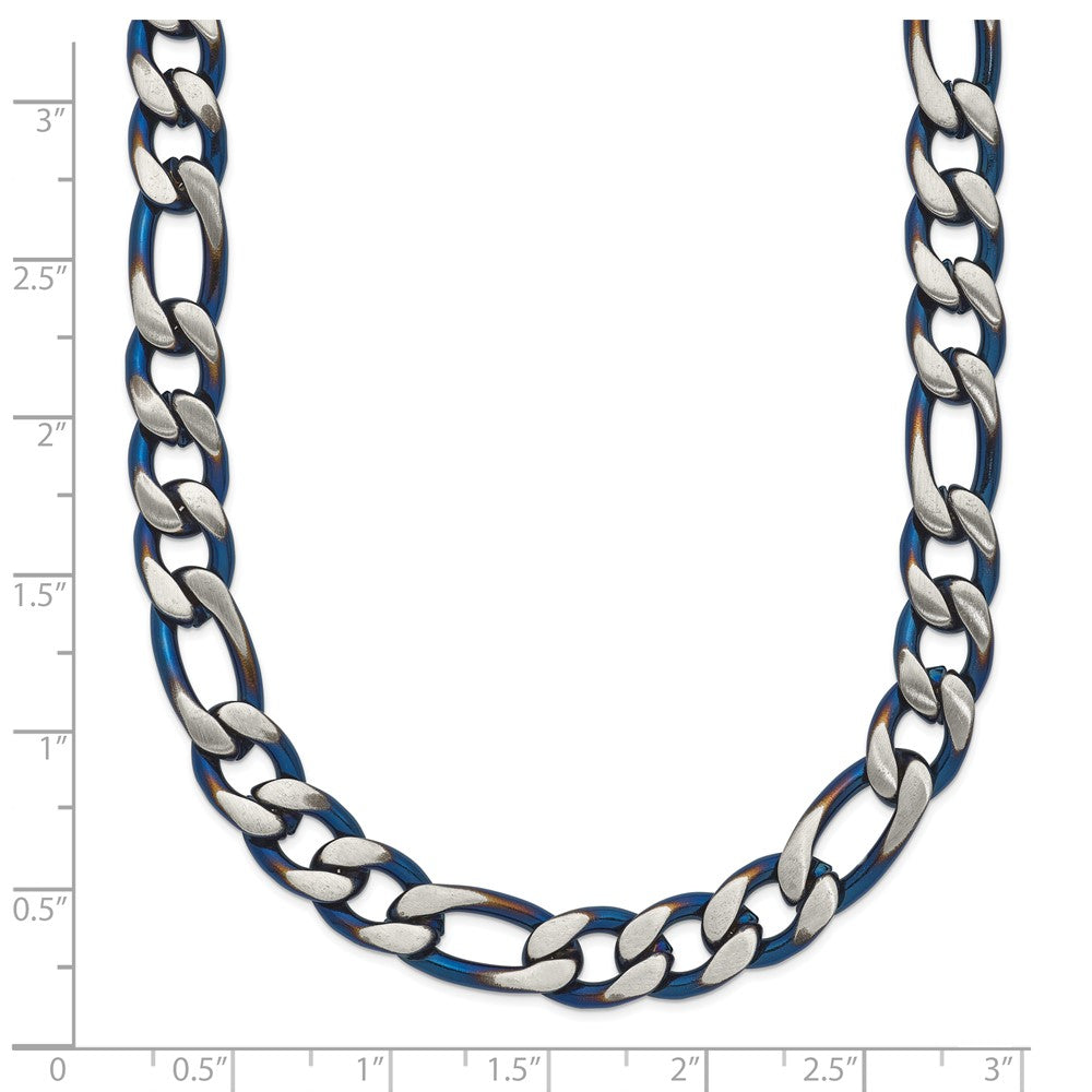 Chisel Stainless Steel Brushed and Polished Blue IP-plated 7.5mm 22 inch Figaro Chain Necklace