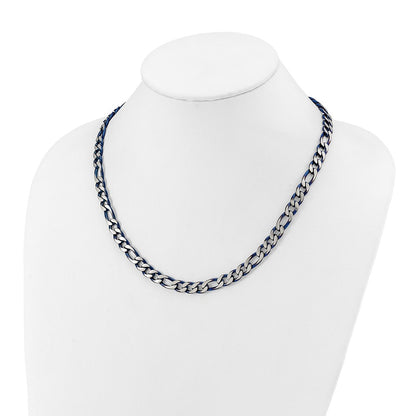 Chisel Stainless Steel Brushed and Polished Blue IP-plated 7.5mm 20 inch Figaro Chain Necklace