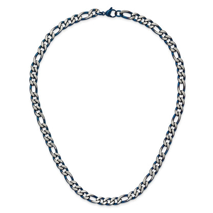 Chisel Stainless Steel Brushed and Polished Blue IP-plated 7.5mm 20 inch Figaro Chain Necklace