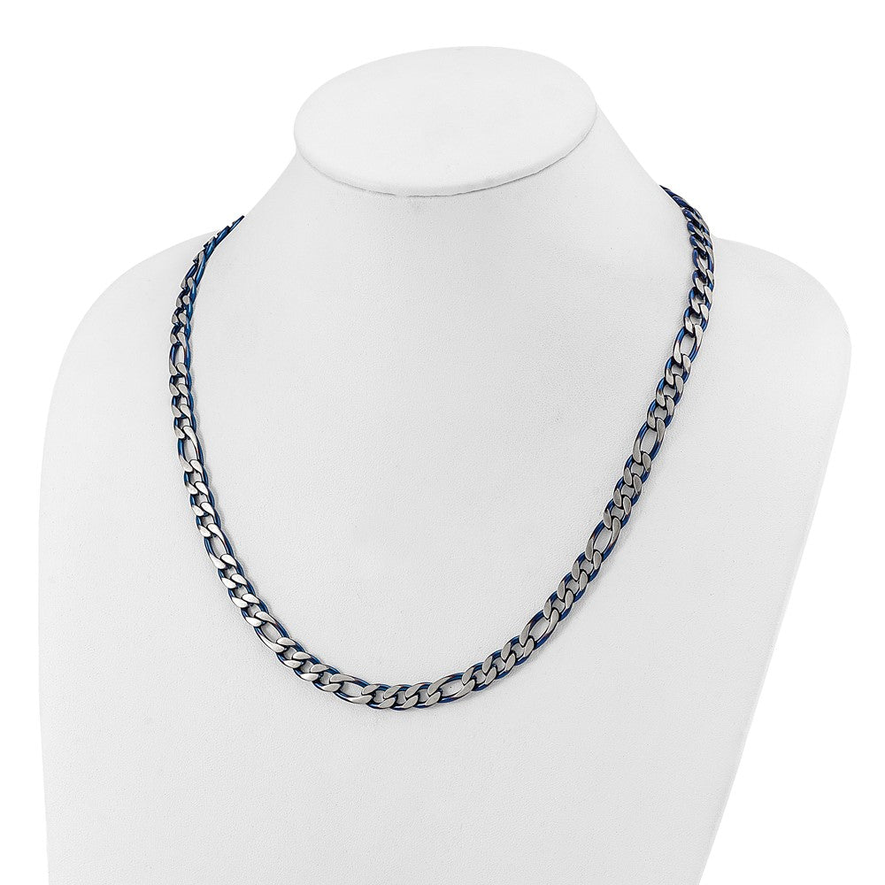Chisel Stainless Steel Brushed and Polished Blue IP-plated 7.5mm 22 inch Figaro Chain Necklace
