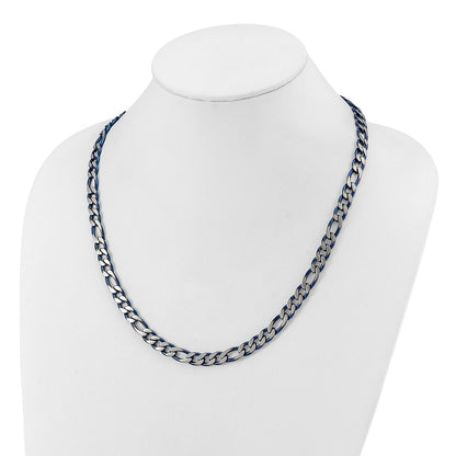 Chisel Stainless Steel Brushed and Polished Blue IP-plated 7.5mm 22 inch Figaro Chain Necklace