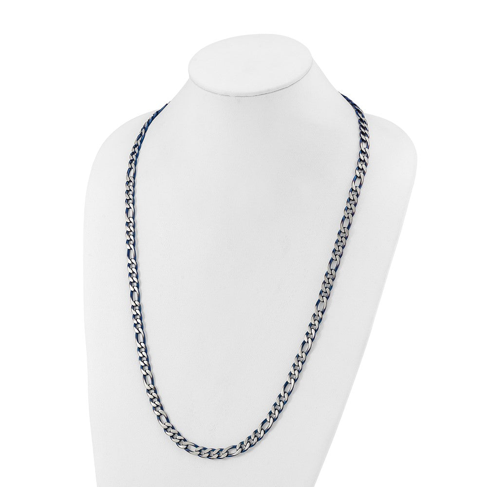 Chisel Stainless Steel Brushed and Polished Blue IP-plated 7.5mm 30 inch Figaro Chain Necklace