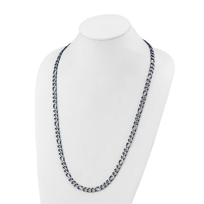 Chisel Stainless Steel Brushed and Polished Blue IP-plated 7.5mm 30 inch Figaro Chain Necklace