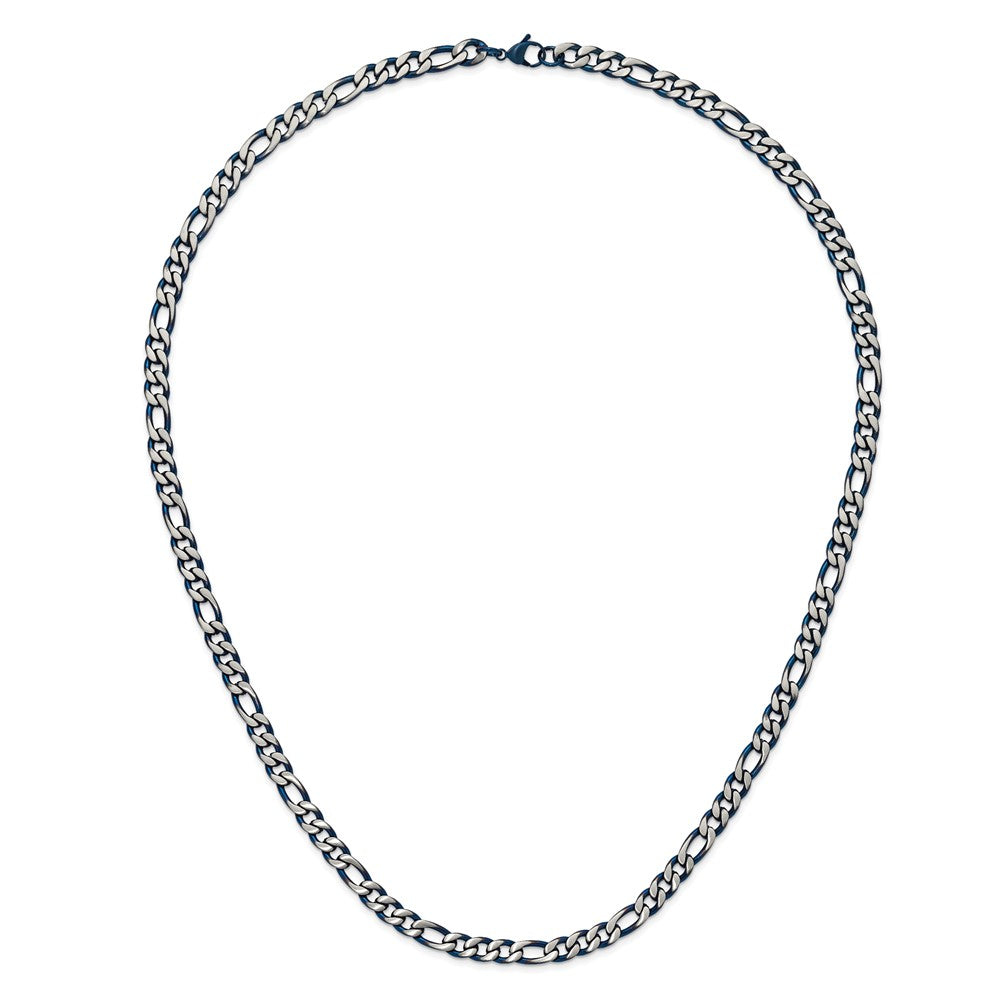 Chisel Stainless Steel Brushed and Polished Blue IP-plated 7.5mm 30 inch Figaro Chain Necklace