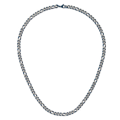 Chisel Stainless Steel Brushed and Polished Blue IP-plated 7.5mm 30 inch Figaro Chain Necklace