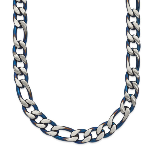 Chisel Stainless Steel Brushed and Polished Blue IP-plated 7.5mm 20 inch Figaro Chain Necklace