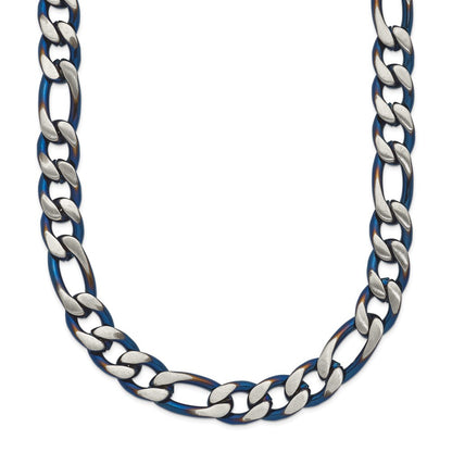 Chisel Stainless Steel Brushed and Polished Blue IP-plated 7.5mm 30 inch Figaro Chain Necklace