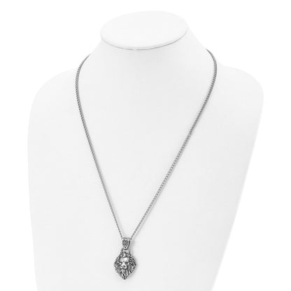 Chisel Stainless Steel Antiqued and Polished Small Lion Head with Swirl Design Pendant on a 24 inch Curb Chain Necklace