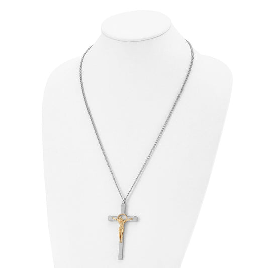 Chisel Stainless Steel Polished Yellow IP-plated Crucifix Pendant on a 24 inch Curb Chain Necklace