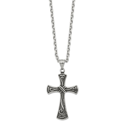 Chisel Stainless Steel Antiqued and Polished Swirl Design Cross Pendant on a 25.5 inch Cable Chain Necklace