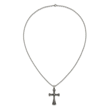 Chisel Stainless Steel Antiqued and Polished Swirl Design Cross Pendant on a 25.5 inch Cable Chain Necklace