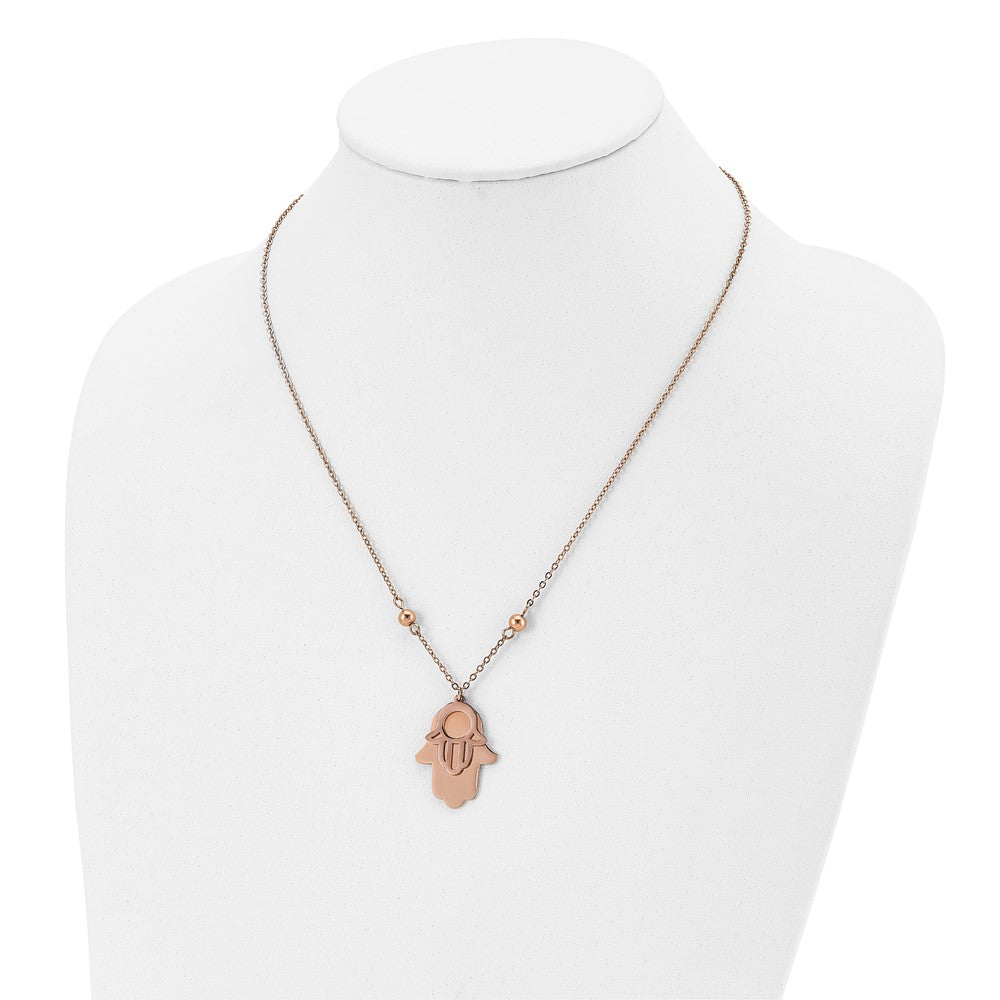 Chisel Stainless Steel Polished Rose IP-plated Hamsa Pendant on a 24 inch Beaded Cable Chain Necklace