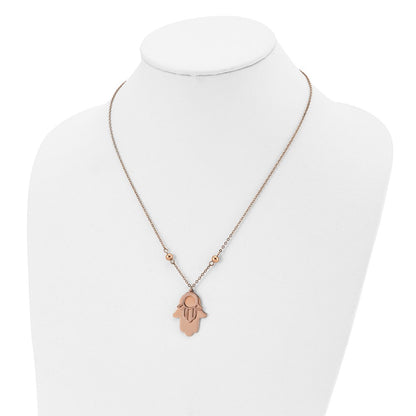 Chisel Stainless Steel Polished Rose IP-plated Hamsa Pendant on a 24 inch Beaded Cable Chain Necklace