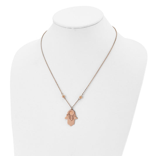 Chisel Stainless Steel Polished Rose IP-plated Hamsa Pendant on a 24 inch Beaded Cable Chain Necklace