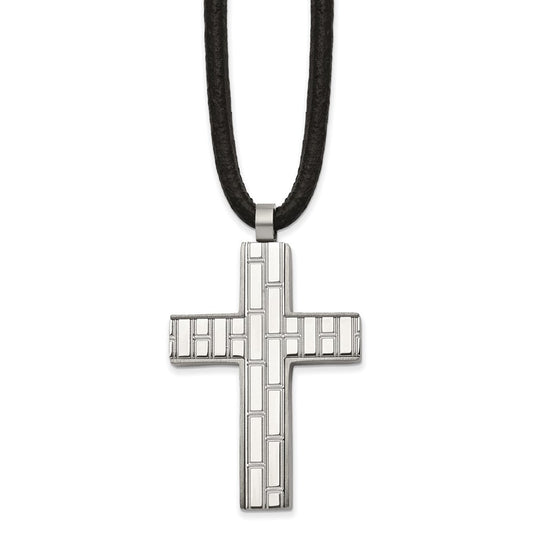 Chisel Stainless Steel Brushed and Polished Brick Design Cross on a Pendant 19.5 inch Black Rubber Cord Necklace