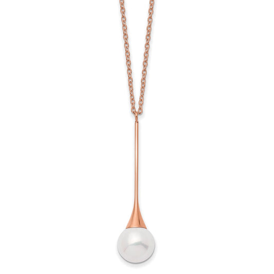 Chisel Stainless Steel Polished Rose IP-plated Imitation Pearl Pendant on a 15.75 inch with a 1 inch Extension Necklace