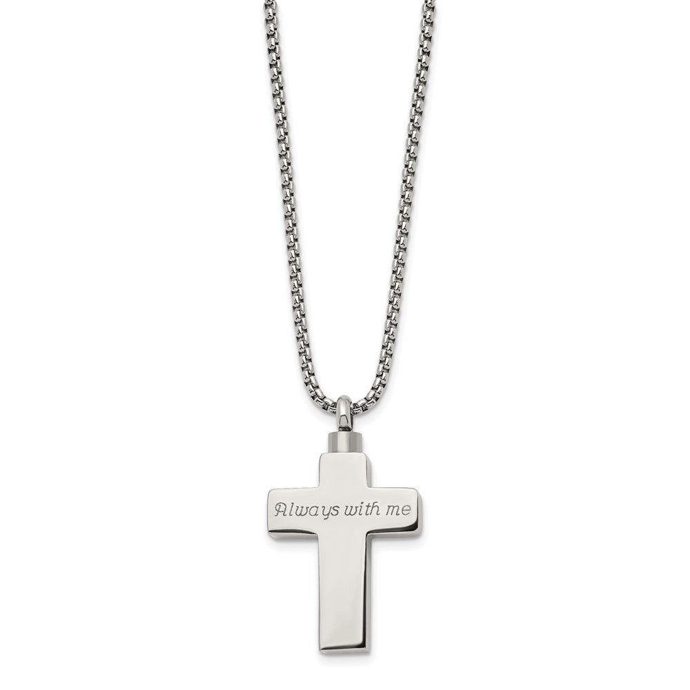 Chisel Stainless Steel Polished and Lasered Cross Ash Holder on a 24in Box Chain Necklace