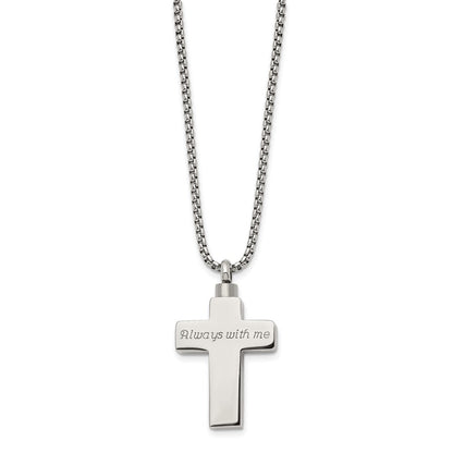 Chisel Stainless Steel Polished and Lasered Cross Ash Holder on a 24in Box Chain Necklace