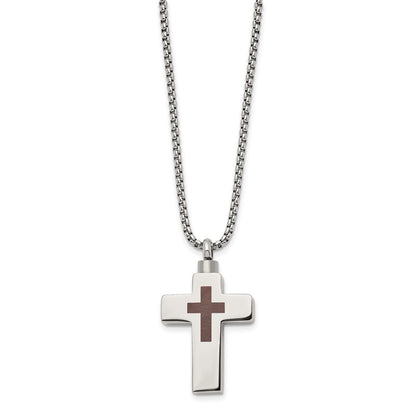Chisel Stainless Steel Polished and Lasered Cross Ash Holder on a 24in Box Chain Necklace