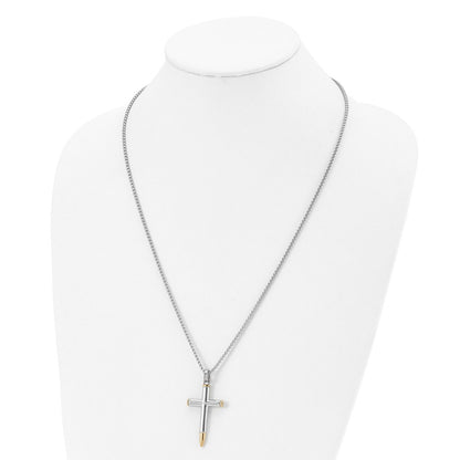 Chisel Stainless Steel Polished Yellow IP-plated Bullet Cross Pendant on a 24 inch Box Chain Necklace