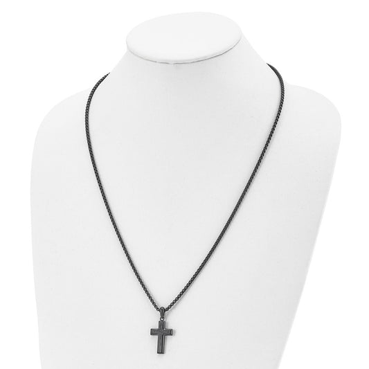 Chisel Stainless Steel Brushed and Polished Dark Grey IP-plated Cross Pendant on a 24 inch Box Chain Necklace