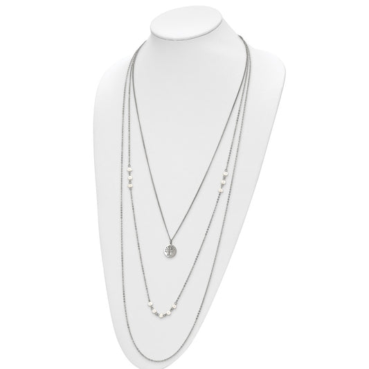 Chisel Stainless Steel Polished with Freshwater Cultured Pearls and Tree Pendant on 31 inch with 2 inch Extension Multi Chain Necklace