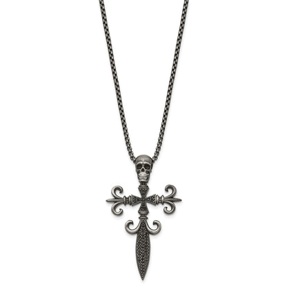 Chisel Stainless Steel Antique White Bronze-plated with CZ Cross and Skull Pendant on a 24 inch Box Chain Necklace