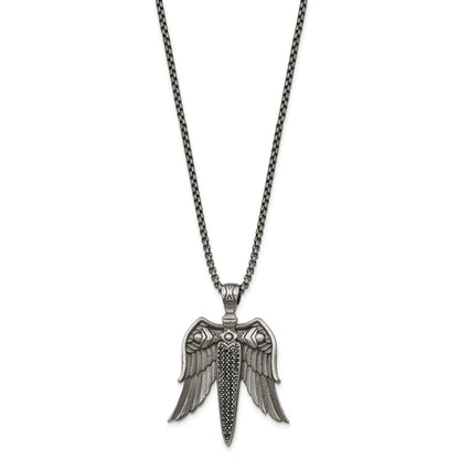Chisel Stainless Steel Antiqued White Bronze-plated with Black CZ Sword with Wings on a 24 inch Box Chain Necklace