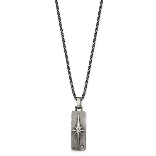 Chisel Stainless Steel Antiqued White Bronze-plated CZ Pendant on a 24 inch Box Chain Necklace