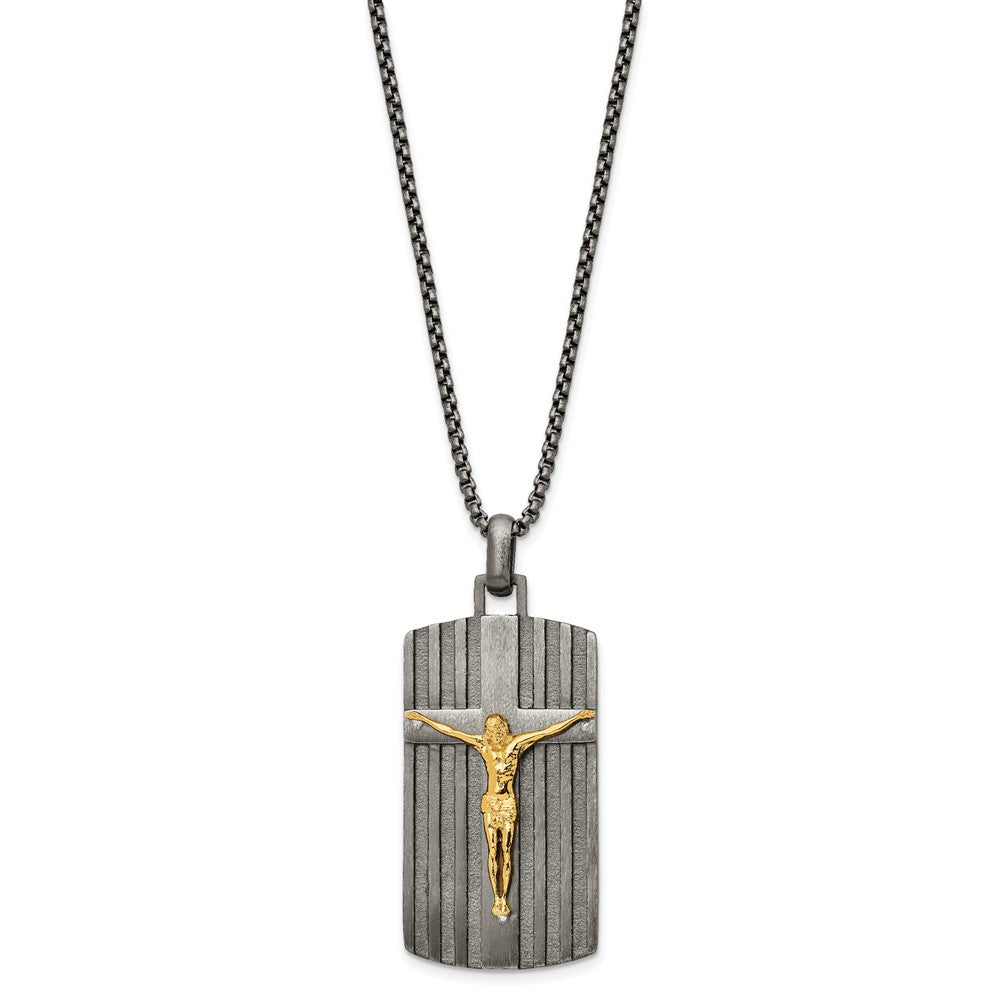 Chisel Stainless Steel Brushed Yellow IP-plated Crucifix Dog Tag on a 24 inch BoxChain Necklace
