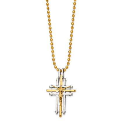 Chisel Stainless Steel Polished Yellow IP-plated Crucifix Pendant on a 24 inch Ball Chain Necklace