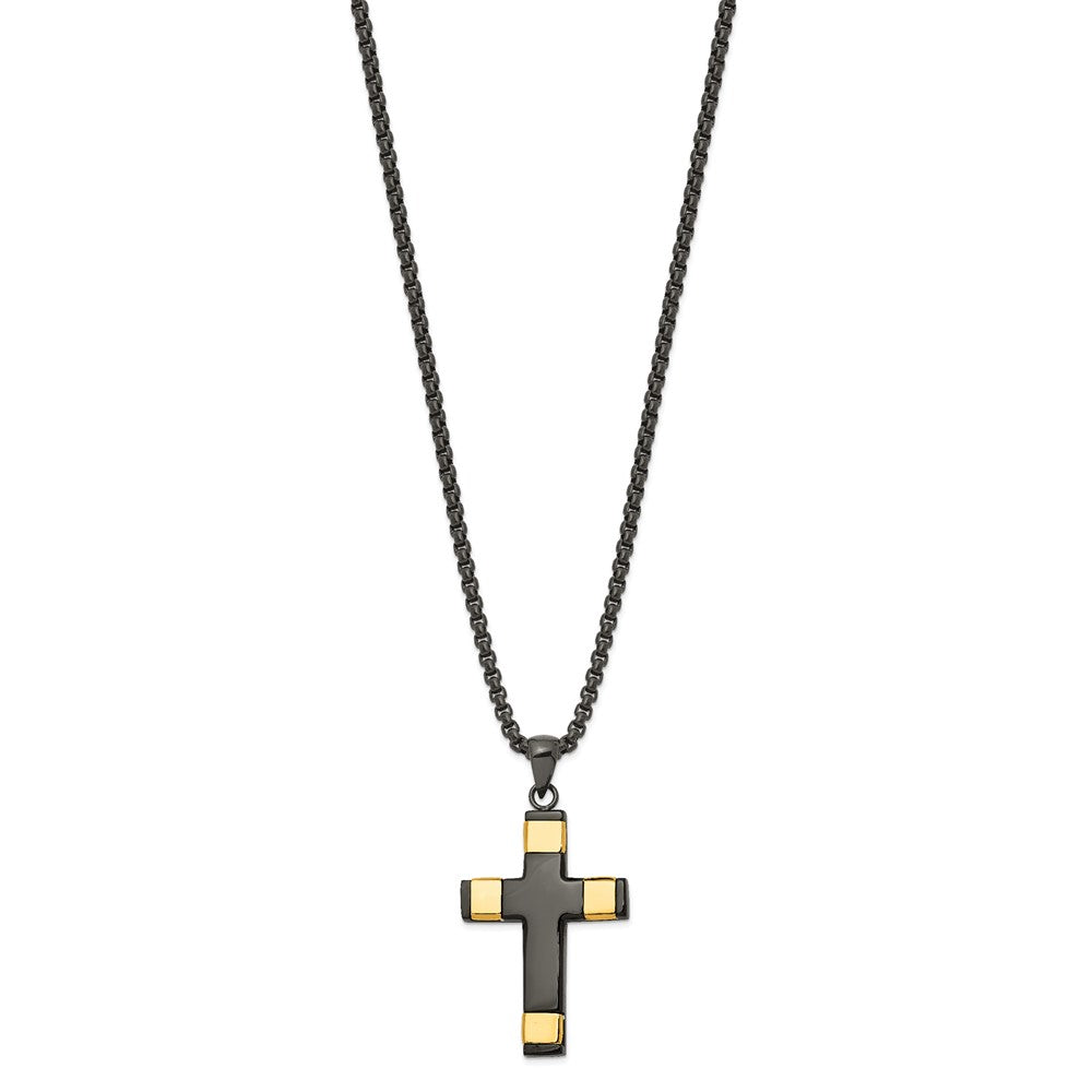 Chisel Stainless Steel Polished Black and Yellow IP-plated Cross Pendant on a 19.75 inch Box Chain Necklace