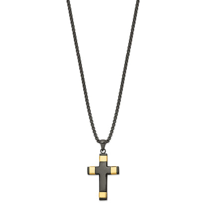 Chisel Stainless Steel Polished Black and Yellow IP-plated Cross Pendant on a 19.75 inch Box Chain Necklace