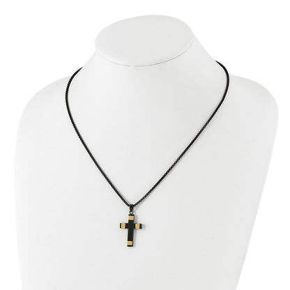 Chisel Stainless Steel Polished Black and Yellow IP-plated Cross Pendant on a 19.75 inch Box Chain Necklace