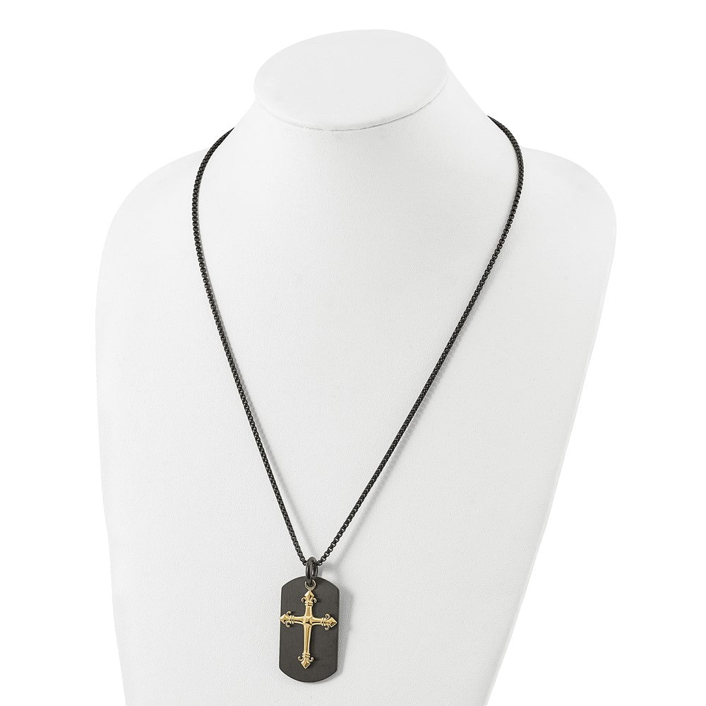Chisel Stainless Steel Polished Black and Yellow IP-plated 2 Piece Cross and Dog Tag on a 24.75 inch Box Chain Necklace