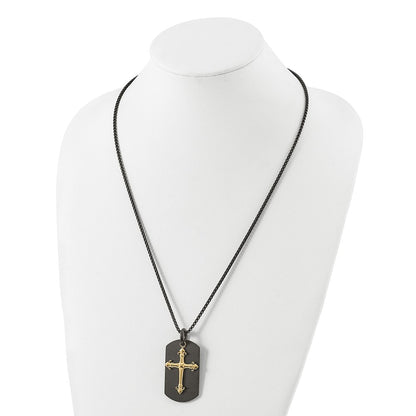 Chisel Stainless Steel Polished Black and Yellow IP-plated 2 Piece Cross and Dog Tag on a 24.75 inch Box Chain Necklace