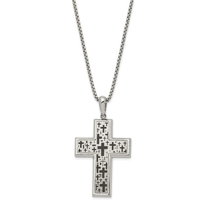 Chisel Stainless Steel Brushed Polished and Laser cut Black IP-plated Cross Pendant on a 24 inch Box Chain Necklace